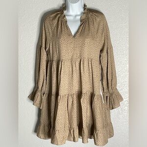 LUMIERE dress small 3 tiered beige black dots ruffle v-neckline oversized lined